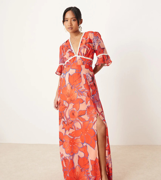  Hope & Ivy Petite Vestido Largo Naranja Coral Con Diseño Estampado, Mangas De Volantes Y Abertura En La Espalda De Hope & Ivy Petite 