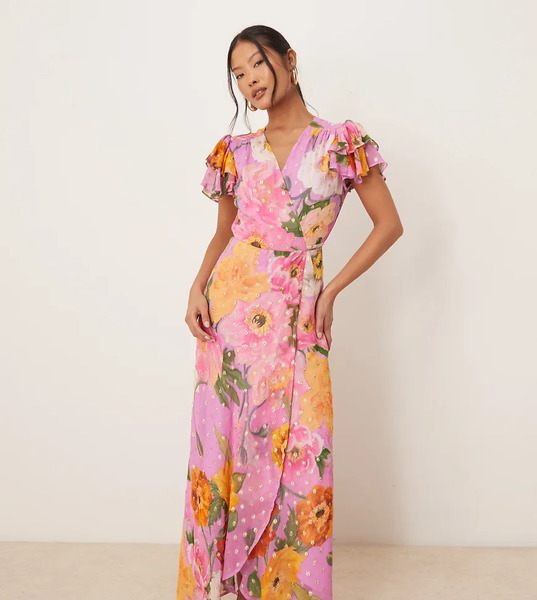  Hope & Ivy Petite Vestido Largo Rosa Cruzado Con Estampado Floral, Lazada En La Cintura Y Volante En Las Mangas De Hope & Ivy Petite 