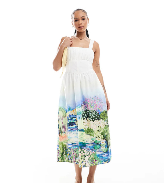  Hope & Ivy Petite Vestido Midi Blanco De Tirantes Y Corte Acampanado Con Diseño Estilo Corsé Y Estampado De Paisaje De Hope & Ivy Petite 