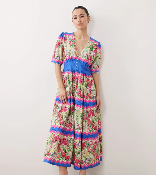  Hope & Ivy Petite Hope & Ivy Petite - Vestido Midi Rosa Y Azul Amplio Con Estampado Floral, Cuello De Pico Y Mangas Abullonadas-multicolor 