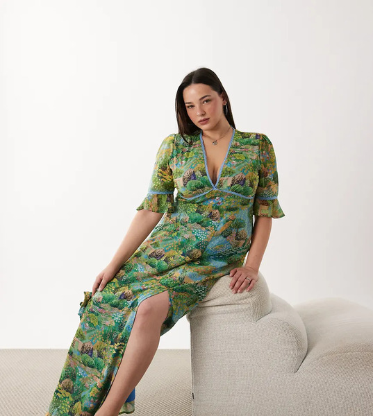  Hope & Ivy Plus Vestido Largo Con Estampado De Río, Abertura En El Muslo Y Espalda Abierta Con Volantes En Las Mangas De Hope & Ivy Plus-multicolor 