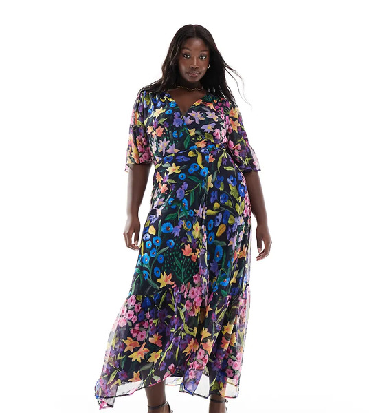  Hope & Ivy Plus Vestido Largo Morado Multicolor Cruzado Con Mangas Fluidas Y Lazada En La Cintura De Hope & Ivy Plus 