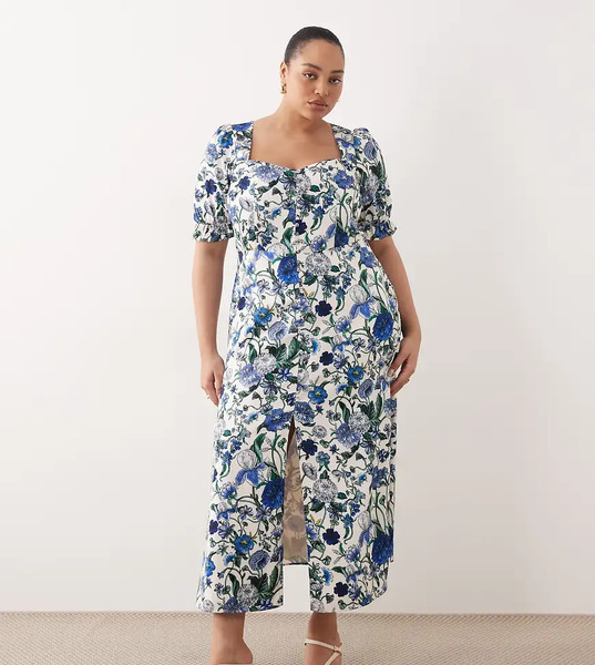  Hope & Ivy Plus Vestido Midi Azul Con Estampado Floral, Abertura Delantera Y Detalle De Botones De Hope & Ivy Plus-multicolor 