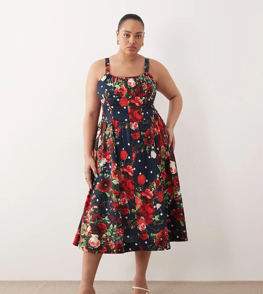  Hope & Ivy Plus Vestido Midi Azul Marino De Tirantes De Corte Acampanado Con Estampado Floral Y Cuerpo Estilo Corsé De Hope & Ivy Plus 
