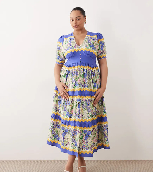  Hope & Ivy Plus Hope & Ivy Plus - Vestido Midi Azul Y Amarillo Amplio Con Estampado Floral, Cuello De Pico Y Mangas Abullonadas-multicolor 