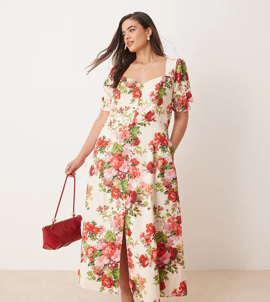  Hope & Ivy Plus Vestido Midi Blanco Con Estampado De Flores Rojas, Abertura En La Espalda Y Escote Cuadrado De Hope & Ivy Plus-rojo 