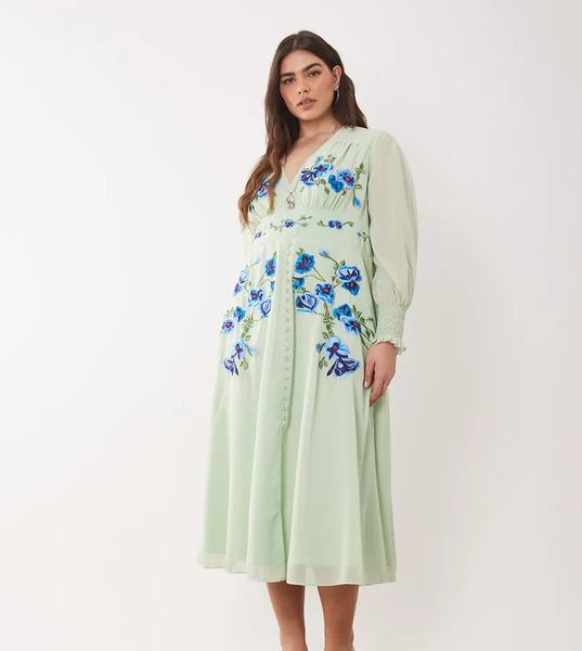  Hope & Ivy Plus Vestido Midi Verde Menta Cruzado En La Parte Delantera Con Bordados Y Mangas Transparentes De Hope & Ivy Plus 