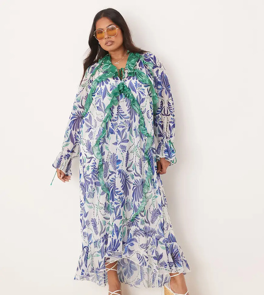  Hope & Ivy Plus Vestido Semilargo Azul Y Blanco Con Estampado De Palmeras Y Detalle De Volante Transparente De Hope & Ivy Plus 