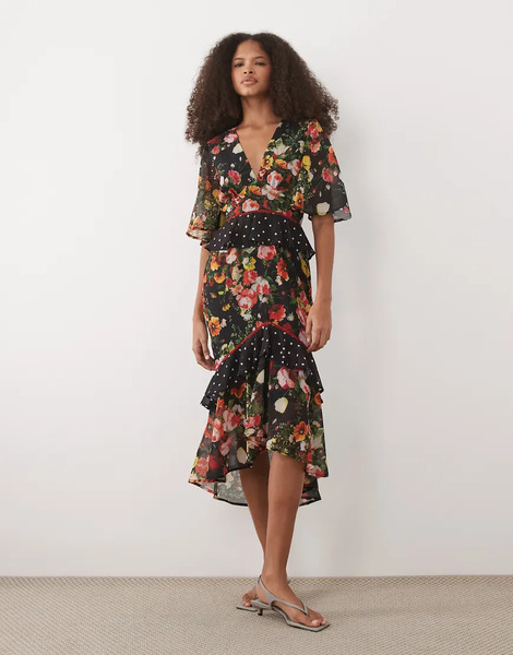  Hope & Ivy Vestido De Tarde Midi Negro Con Estampado Floral De Lunares Y Sobrefalda En La Cintura De Hope & Ivy 