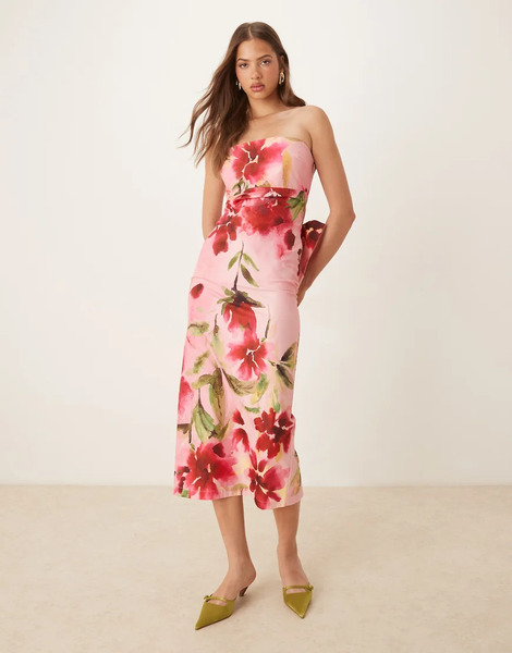  Hope & Ivy Vestido De Tubo Midi Rosa Con Escote Palabra De Honor, Estampado Floral Y Lazo En La Espalda De Hope & Ivy 