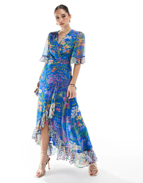  Hope & Ivy Vestido Largo Azul Cruzado Con Diseño Estampado, Lazada En La Cintura Y Volante En Las Mangas De Hope & Ivy 