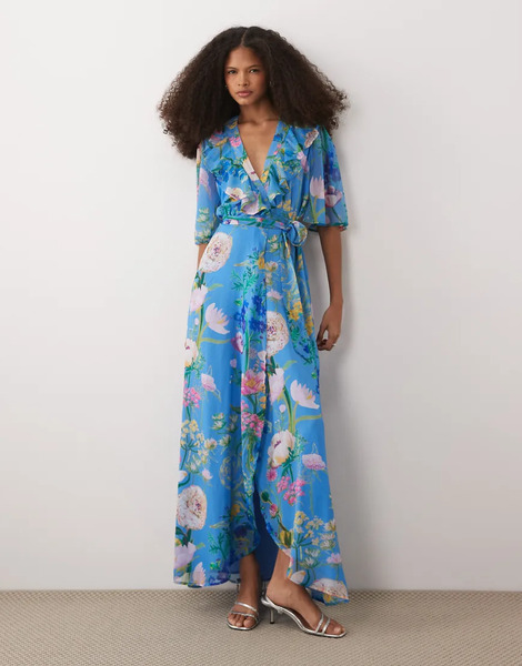  Hope & Ivy Vestido Largo Azul Cruzado Con Estampado Floral, Mangas Fluidas Y Lazada En La Cintura De Hope & Ivy 