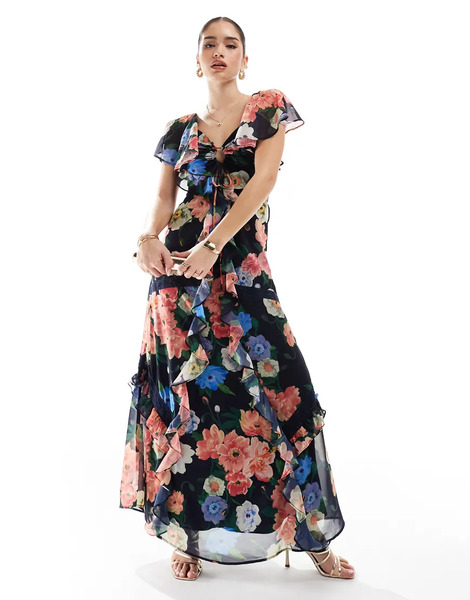  Hope & Ivy Vestido Largo Azul Marino Con Volante, Estampado Floral Detalle De Abertura Y Ribetes De Encaje De Hope & Ivy 