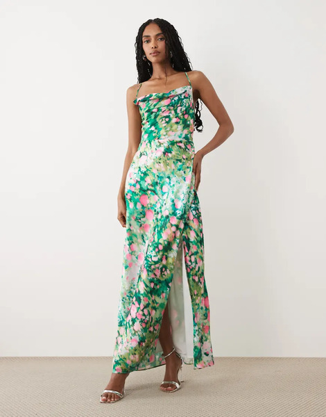  Hope & Ivy Hope & Ivy - Vestido Largo Verde De Tirantes Con Estampado Floral, Cuello Desbocado, Espalda Abierta Y Lazada De Satén-blanco 