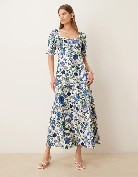  Hope & Ivy Vestido Midi Azul Con Estampado Floral, Abertura Delantera Y Detalle De Botones De Hope & Ivy-multicolor 