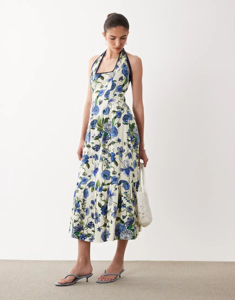  Hope & Ivy Vestido Midi Azul Con Estampado Floral, Cuello Halter Cuadrado Y Lazada En La Espalda De Hope & Ivy-multicolor 