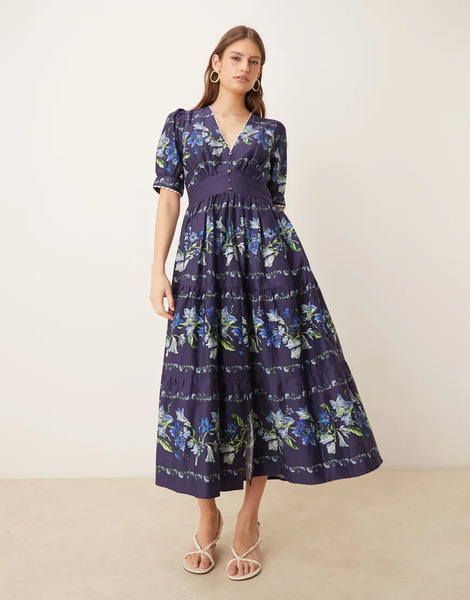  Hope & Ivy Vestido Midi Azul Marino Con Estampado Floral, Cuello De Pico Y Botones Delanteros De Algodón De Hope & Ivy 
