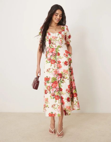  Hope & Ivy Vestido Midi Blanco Con Estampado Floral Rojo, Abertura En La Espalda Y Escote Cuadrado De Hope & Ivy 