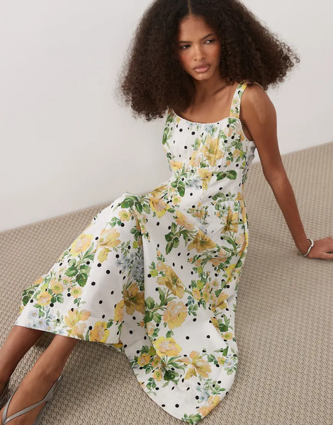  Hope & Ivy Vestido Midi Blanco Estilo Corsé De Tirantes Y Corte Acampanado Con Estampado De Lunares Y Floral De Hope & Ivy 