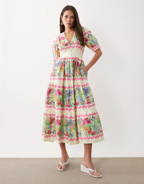  Hope & Ivy Hope & Ivy - Vestido Midi Blanco Y Rosa Amplio Con Estampado Floral, Mangas Abullonadas Y Cuello De Pico De Algodón-multicolor 