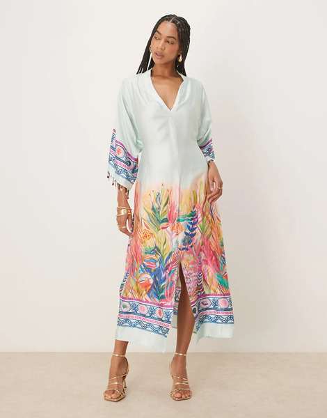  Hope & Ivy Vestido Midi Cruzado Estilo Kimono Con Lazada En La Cintura Y Estampado De Paisaje Azul De Hope & Ivy 