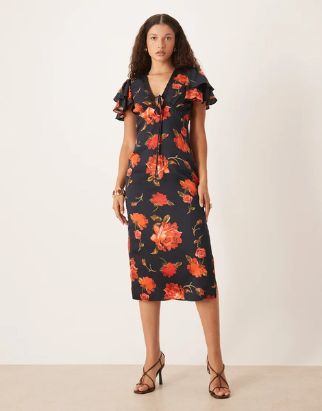  Hope & Ivy Vestido Midi Negro Y Rojo De Satén Con Estampado Floral, Mangas Fluidas Y Ribete De Encaje De Hope & Ivy-multicolor 