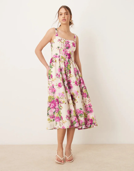  Hope & Ivy Vestido Midi Rosa De Tirantes Y Corte Acampanado Con Diseño Estampado Y Detalle Estilo Corsé De Hope & Ivy 