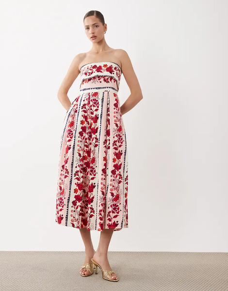  Hope & Ivy Hope & Ivy - Vestido Midi Rosa Estampado Sin Tirantes Con Escote Palabra De Honor Y Panel Floral En Contraste 