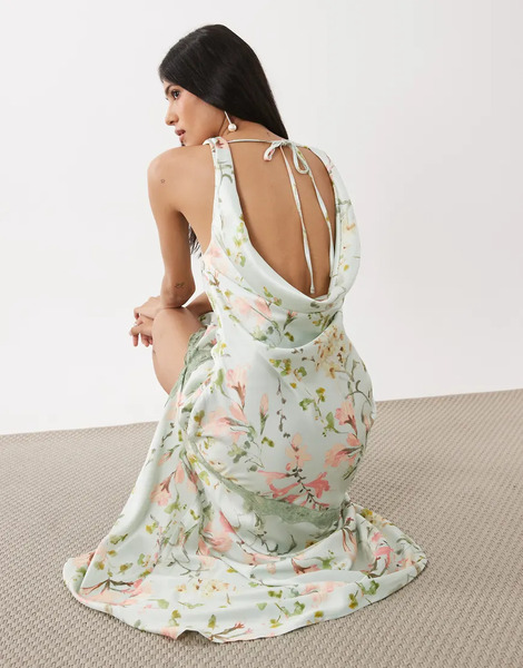  Hope & Ivy Hope & Ivy - Vestido Midi Verde Salvia Con Estampado Floral, Cuello Desbocado Y Ribete De Encaje De Satén 