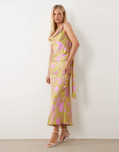 Hope & Ivy Hope & Ivy - Vestido Midi Verde Y Rosa Con Estampado Floral, Cuello Desbocado Y Detalle De Fular De Satén-amarillo 