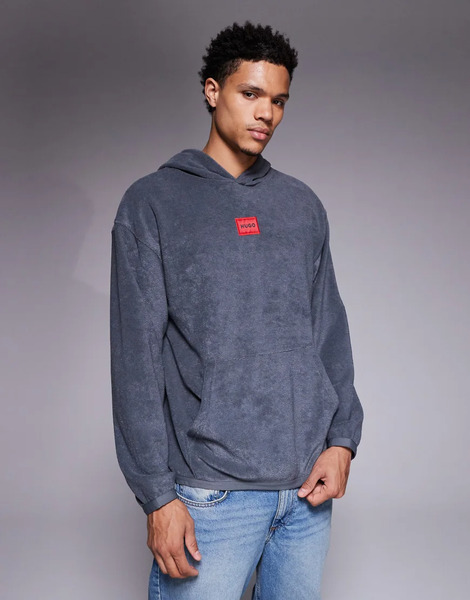  Hugo Red Sudadera De Estar Por Casa Gris Oscuro Holgada Con Capucha Y Logo Central De Tejido Rizado De Hugo Red 