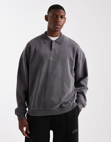  Hugo Red Sudadera Gris Carbón Extragrande De Estilo Rugby Con Lavado ácido Y Logo En La Parte Central Del Pecho Delwy De Hugo Red 