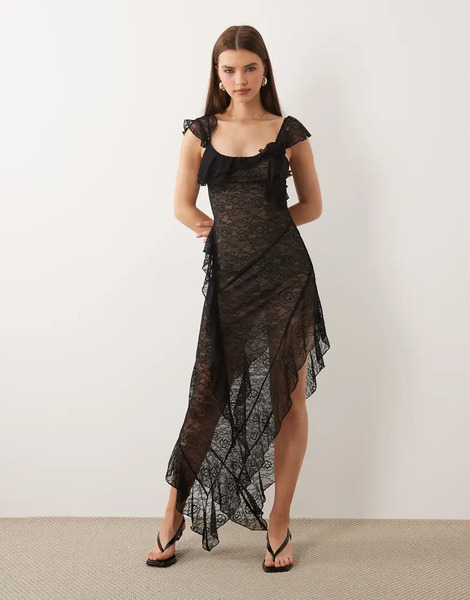  I.am.gia I.am.gia - Julietta - Vestido Largo Negro Con Bajo Asimétrico Y Detalle De Volantes De Encaje De Georgette 