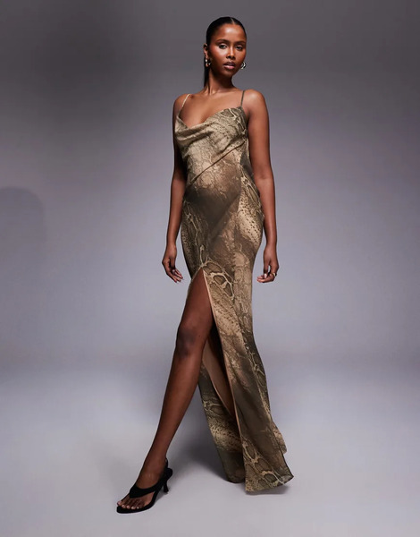  I.am.gia Vestido Largo Marrón Con Estampado De Serpiente, Abertura Hasta El Muslo Y Espalda Desbocada Con Detalle De Lazada De Chifón Georgette Zeta De I.am.gia-brown 