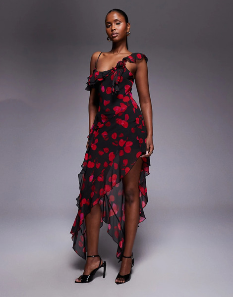  I.am.gia Vestido Largo Negro Con Estampado De Pétalos Rojos, Bajo Asimétrico Y Detalle De Volantes De Chifón Georgette Julietta De I.am.gia-multicolor 