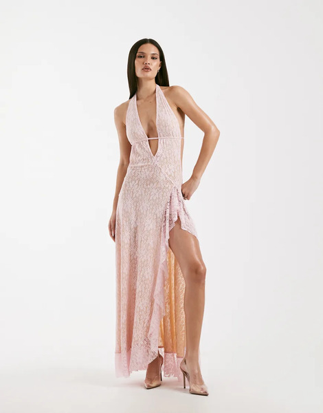  I.am.gia Vestido Largo Rosa Escotado Con Cuello Halter, Espalda Al Aire Y Abertura Hasta El Muslo De Encaje Irisia De I.am.gia 