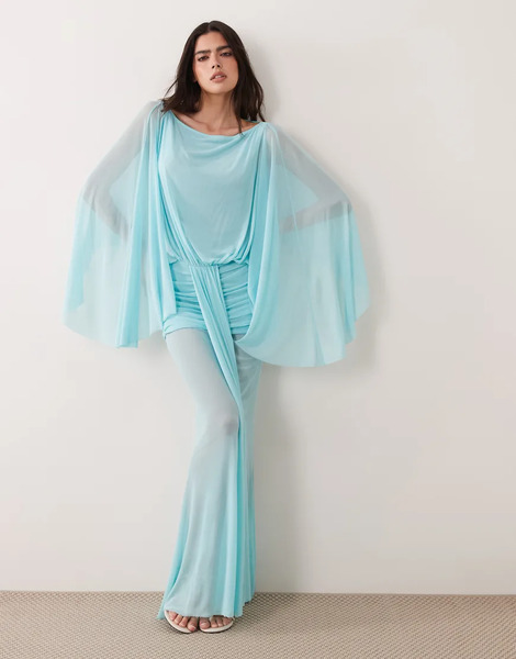  I.am.gia I.am.gia - Vestido Largo Turquesa Con Detalle Drapeado, Espalda Escotada Y Mangas Estilo Capa Elaria-azul 