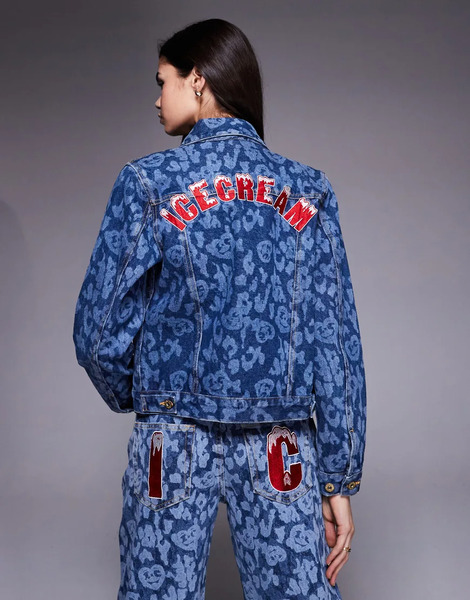  Icecream Chaqueta Vaquera Azul De Estilo Camionero Con Lavado Medio Y Estampado Láser De Camuflaje De Icecream (parte De Un Conjunto) 