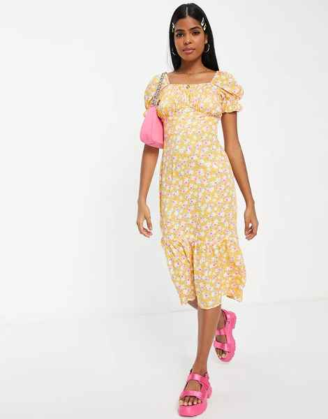  Influence Vestido Midi Amarillo Escalonado Con Estampado Floral De Influence 