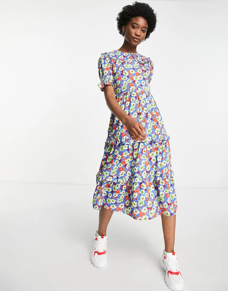  Influence Vestido Midi Multicolor Con Estampado Floral Y Solapas De Influence 