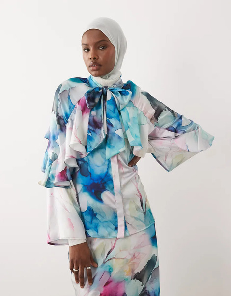  Iyal Blusa De Manga Larga Con Estampado Floral Efecto Acuarela Y Detalle De Lazo De Satén De Iyal (parte De Un Conjunto)-multicolor 