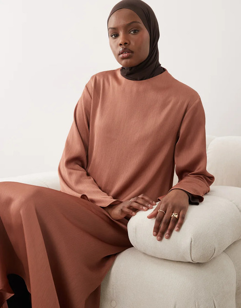  Iyal Top Color óxido Estilo Túnica De Manga Larga Con Cuello Alto De Satén Efecto Repujado De Iyal (parte De Un Conjunto)-brown 