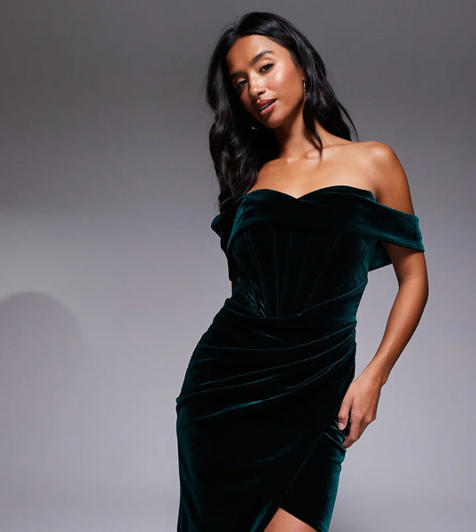  Jaded Rose Petite Vestido Corto Verde Esmeralda Con Escote Bardot En Forma De Corazón Y Detalle De Corsé De Jaded Rose Petite 