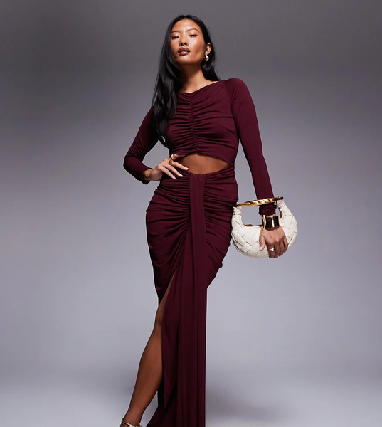  Jaded Rose Petite Vestido Largo Burdeos Ceñido Con Abertura Y Detalles Fruncidos De Punto Liso De Jaded Rose Petite-rojo 