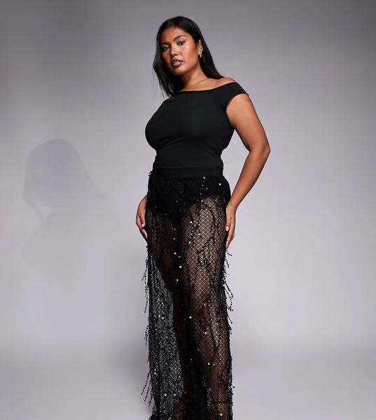  Jaded Rose Plus Pantalones Negros Con Braguitas De Tejido Calado Transparente Con Flecos Y Lentejuelas De Jaded Rose Plus 