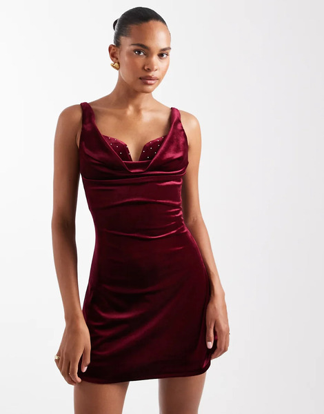  Jaded Rose Vestido Corto Burdeos De Terciopelo Con Detalle De Sujetador Con Detalles Termosellados De Jaded Rose-rojo 