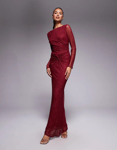  Jaded Rose Vestido Largo Burdeos Ceñido Con Detalle De Nudo Y Diseño De Strass Termosellado De Jaded Rose-morado 