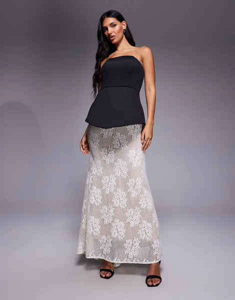  Jarlo Vestido Largo Negro Y Blanco Estructurado Con Escote Palabra De Honor Y Falda De Encaje En Contraste Pip De Jarlo-multicolor 