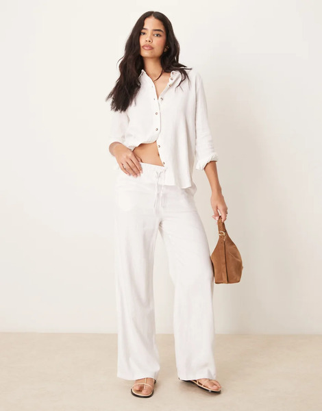  Jdy Pantalones Blancos De Pernera Ancha Con Lazada En La Cinturilla De Mezcla De Lino De Jdy (parte De Un Conjunto) 