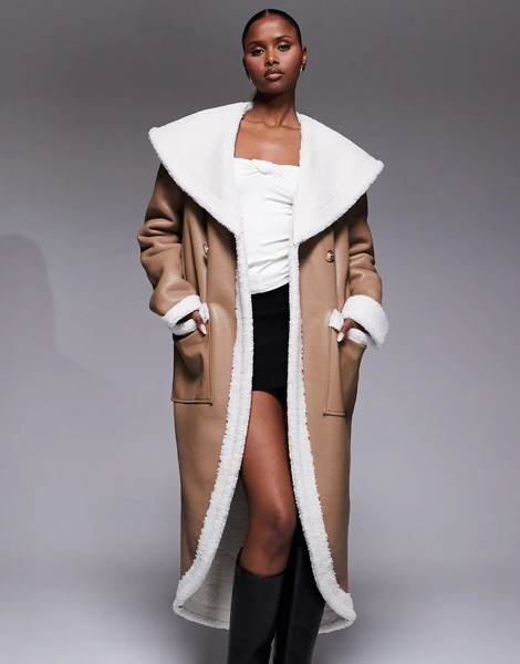  Jluxlabel Abrigo Beis Y Blanco Reversible Extragrande Con Solapas De Tejido Tipo Peluche Jaida De Jluxlabel-brown 